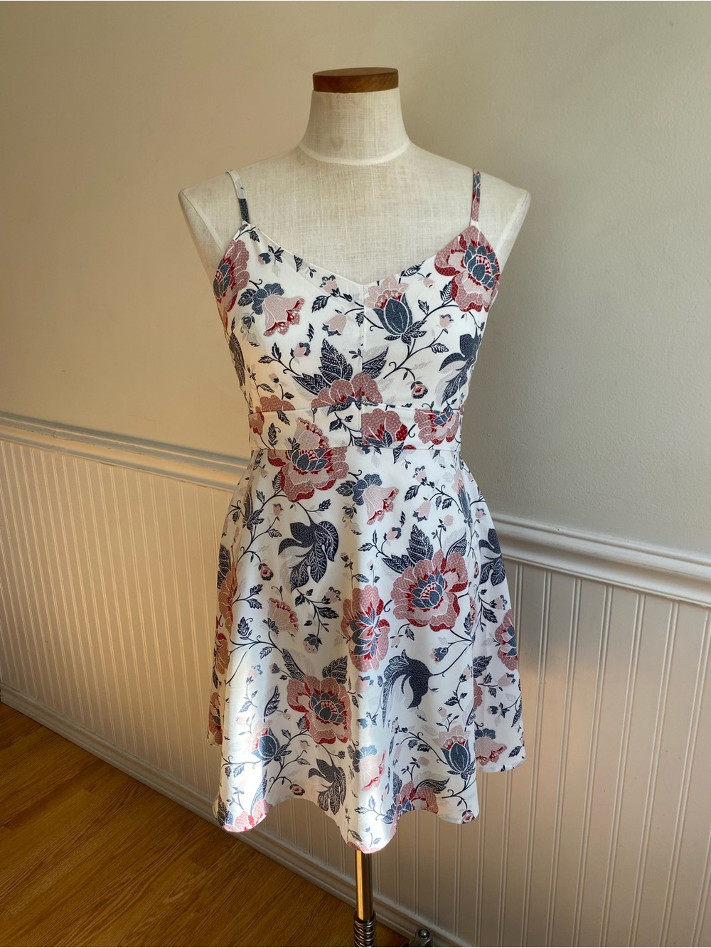 LOFT White Floral Spaghetti-Strap Sundress with Pink and Blue Flowers